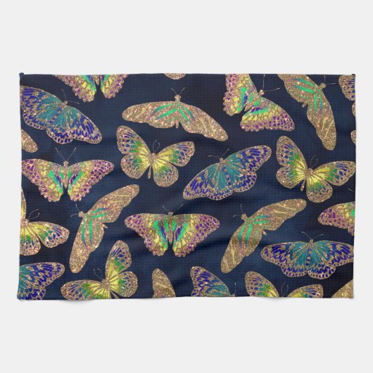 Navy Gold Butterflies Glitter Waterverf Patroon Theedoek (Horizontaal)