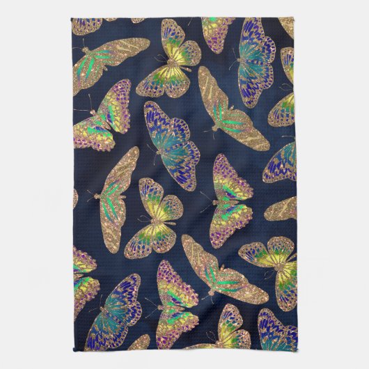 Navy Gold Butterflies Glitter Waterverf Patroon Theedoek (Verticaal)