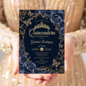 Navy Gold Butterflies Roses Quinceanera Kaart