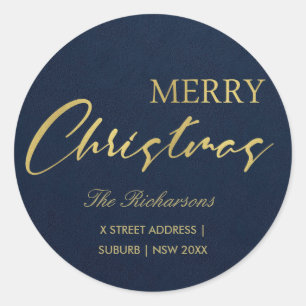 NAVY GOLD CALLIGRAPHY MERRY CHRISTMAS ADRES RONDE STICKER