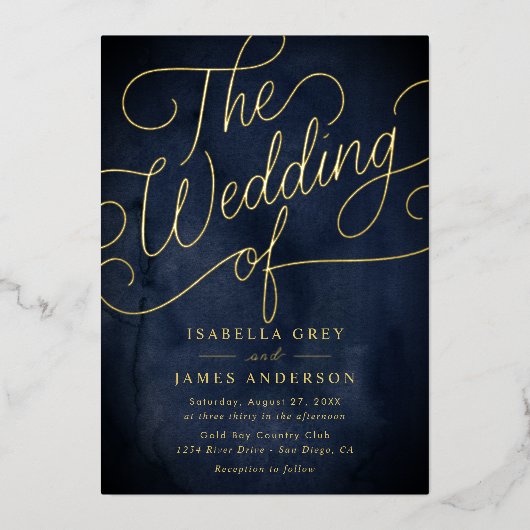 Navy Gold Calligraphy Script Wedding Folie Uitnodiging (Voorkant)