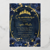 Navy Gold Captivating Floral Butterfly Quinceanera Folie Uitnodiging (Voorkant)