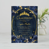 Navy Gold Captivating Floral Butterfly Quinceanera Folie Uitnodiging (Staand Voorkant)