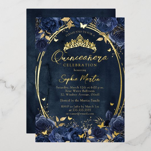 Navy Gold Captivating Floral Butterfly Quinceanera Folie Uitnodiging (Voorkant / Achterkant)