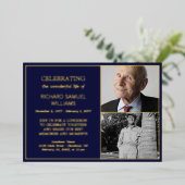 Navy Gold Celebrating Life 2 Foto's Memorial Folie Uitnodiging (Staand Voorkant)