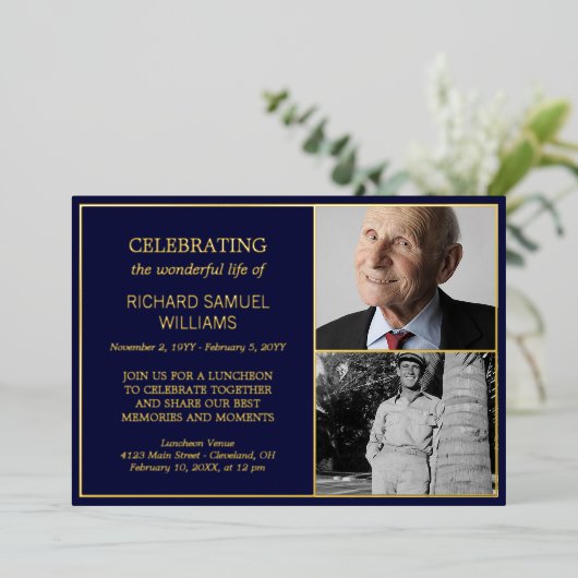 Navy Gold Celebrating Life 2 Foto's Memorial Folie Uitnodiging (Staand Voorkant)