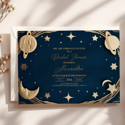 Navy Gold Celestial Crescent Moon Vrijgezellenfees Kaart