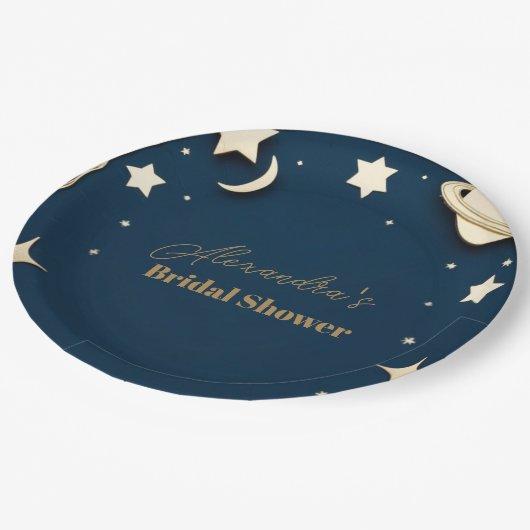Navy Gold Celestial Crescent Moon Vrijgezellenfees Papieren Bordje (Gekanteld)