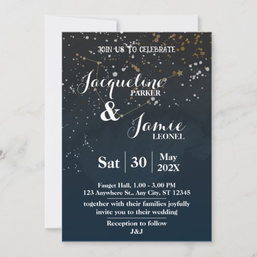Navy & Gold Celestial Wedding Invitation Template Kaart (Voorkant)