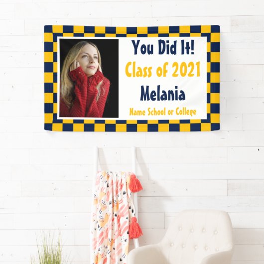 Navy Gold Checkerboard Foto-Afstuderen Spandoek (Insitu)