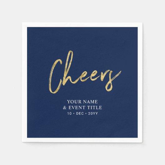 Navy & Gold Cheers Borstel Script Party Feesten Servet (Voorkant)