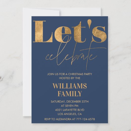 Navy Gold Christmas Party Laten we het vieren Kaart (Voorkant)