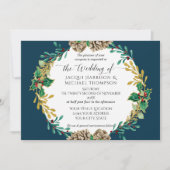 Navy Gold Christmas Pine Cone Greenery Wedding Kaart (Voorkant)