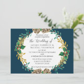 Navy Gold Christmas Pine Cone Greenery Wedding Kaart (Staand voorkant)