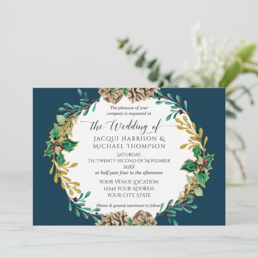 Navy Gold Christmas Pine Cone Greenery Wedding Kaart (Staand voorkant)