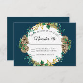 Navy Gold Christmas RSVP Red Holly Leaf Krans Kaart (Voorkant / Achterkant)