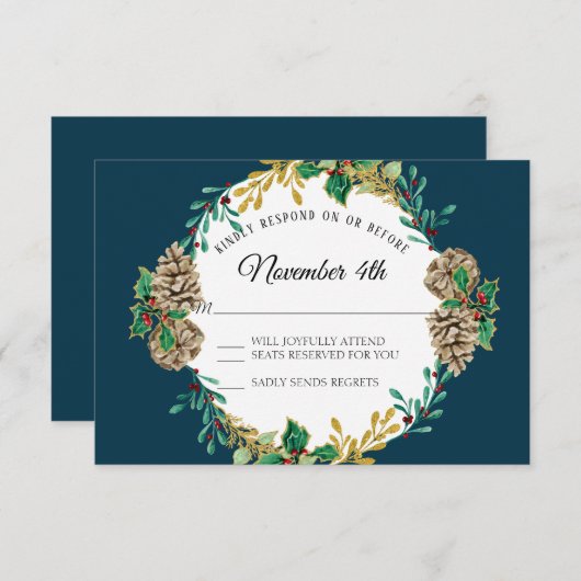 Navy Gold Christmas RSVP Red Holly Leaf Krans Kaart (Voorkant / Achterkant)