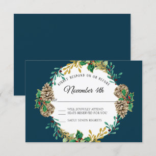 Navy Gold Christmas RSVP Red Holly Leaf Krans Kaart