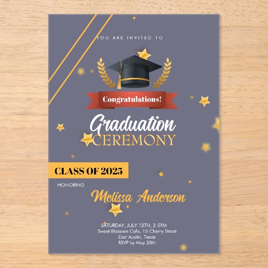 Navy Gold Class of 2025 Ceremony Invite Acryl Uitnodigingen (Voorkant)