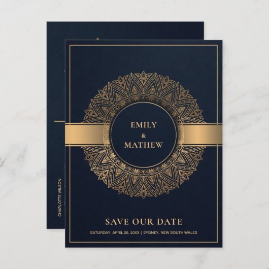 NAVY GOLD CLASSIC  MANDALA BEWAART DE DATUM AANKONDIGINGSKAART (Voorkant / Achterkant)