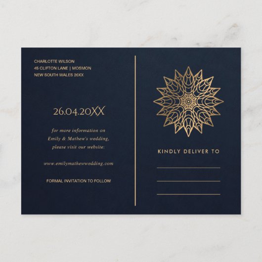 NAVY GOLD CLASSIC  MANDALA BEWAART DE DATUM AANKONDIGINGSKAART (Achterkant)