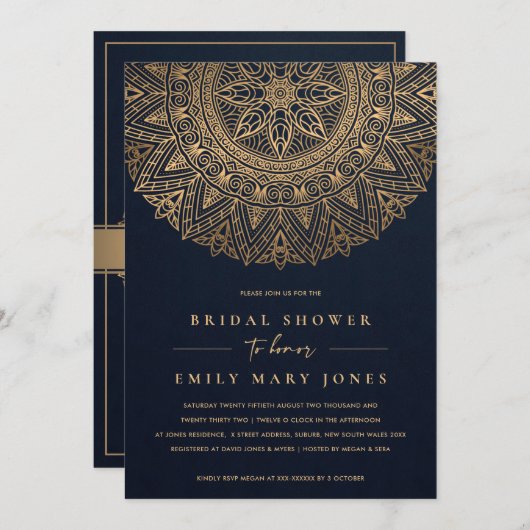 NAVY GOLD CLASSIC  MANDALA VRIJGEZELLENFEEST KAART (Voorkant / Achterkant)