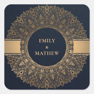NAVY GOLD CLASSIC MANDALA WEDDING VIERKANTE STICKER