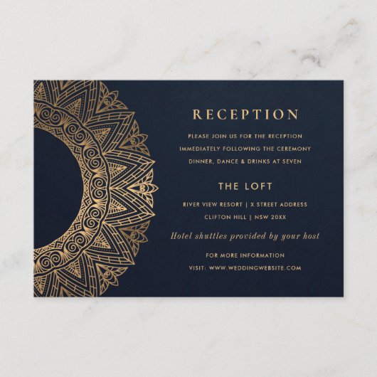 NAVY GOLD CLASSY  MANDALA WEDDING RECEPT INFORMATIEKAARTJE (Voorkant)