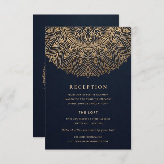 NAVY GOLD CLASSY  MANDALA WEDDING RECEPT INFORMATIEKAARTJE (Voorkant / Achterkant)