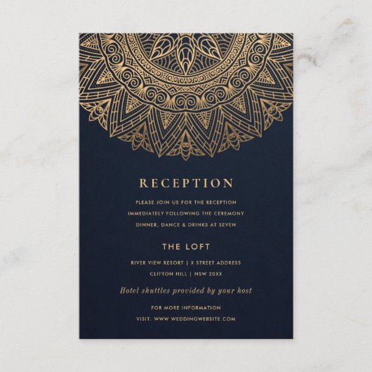 NAVY GOLD CLASSY  MANDALA WEDDING RECEPT INFORMATIEKAARTJE (Voorkant)