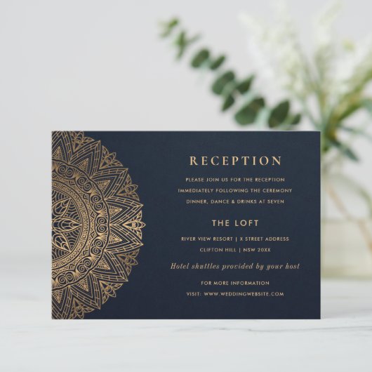 NAVY GOLD CLASSY  MANDALA WEDDING RECEPT INFORMATIEKAARTJE (Staand voorkant)