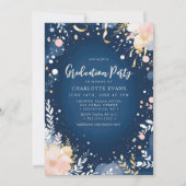 Navy Gold Confetti Bloemen Afstudeerfeest Kaart (Voorkant)