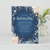 Navy Gold Confetti Bloemen Afstudeerfeest Kaart (Staand voorkant)