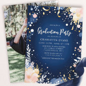 Navy Gold Confetti Bloemen Afstudeerfeest Kaart