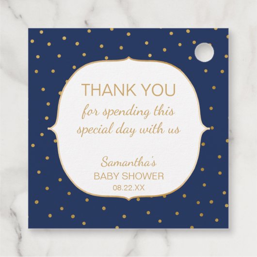 Navy Gold Confetti Een baby brouwt dank u Bedankjes Labels (Achterkant)