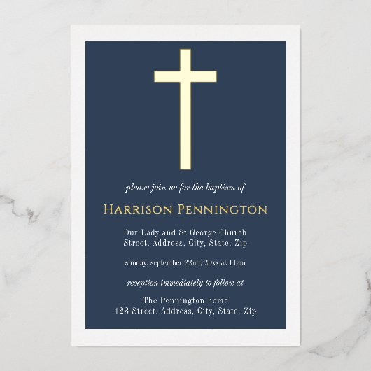 Navy & Gold Cross Doop Folie Folie Uitnodiging (Voorkant)