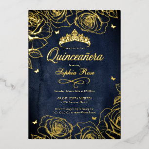 Navy Gold Crown Rozen Thema Quinceanera Folie Uitnodiging