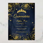 Navy Gold Crown Rozen Thema Quinceanera Folie Uitnodiging (Voorkant)