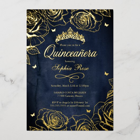 Navy Gold Crown Rozen Thema Quinceanera Folie Uitnodiging (Voorkant)