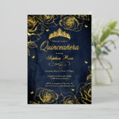 Navy Gold Crown Rozen Thema Quinceanera Folie Uitnodiging (Staand Voorkant)