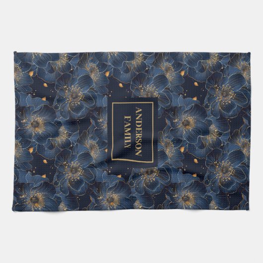 Navy Gold Custom Towel Lux Floral Kitchen Gift Theedoek (Horizontaal)