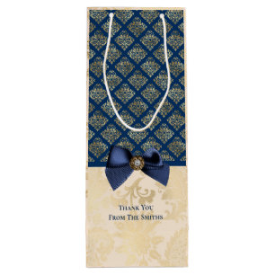  Navy Gold Damask Bedankt voor je naam Wijn Cadeautas