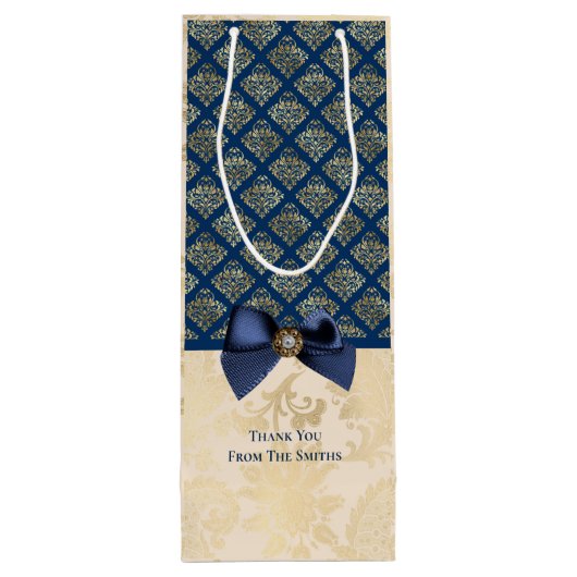  Navy Gold Damask Bedankt voor je naam Wijn Cadeautas (Achterkant)