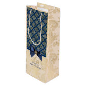  Navy Gold Damask Bedankt voor je naam Wijn Cadeautas (Voorkant Gekanteld)
