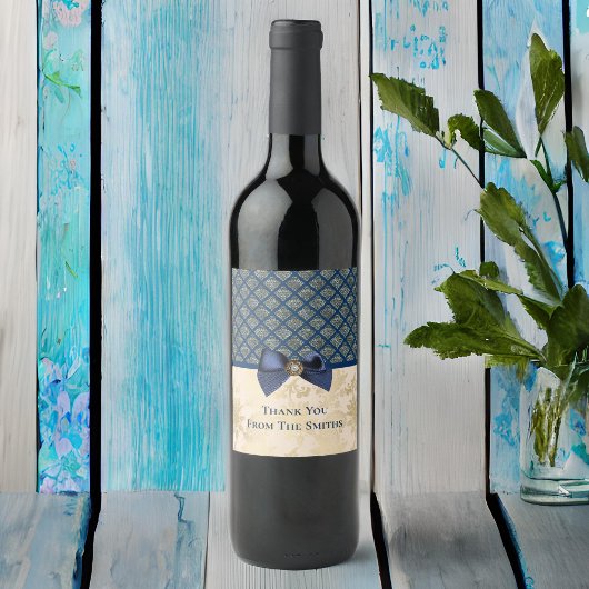  Navy Gold Damask Bedankt voor je naam Wijn Etiket