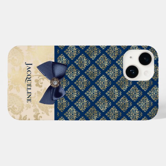  Navy Gold Damask Kijk met Bow en Naam Case-Mate iPhone Case (Achterkant (horizontaal))