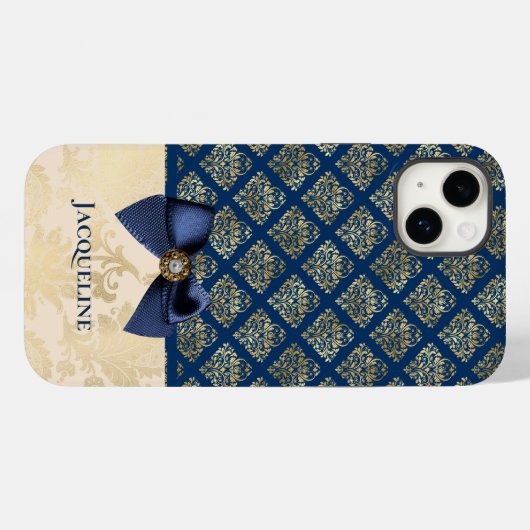  Navy Gold Damask Kijk met Bow en Naam Case-Mate iPhone Case (Achterkant (horizontaal))