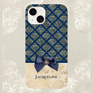  Navy Gold Damask Kijk met Bow en Naam Case-Mate iPhone 14 Hoesje