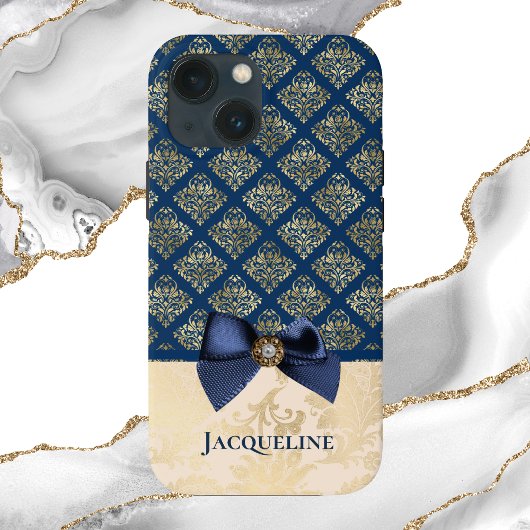  Navy Gold Damask Kijk met Bow en Naam Case-Mate iPhone Case