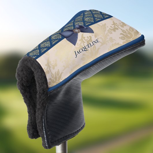  Navy Gold Damask Kijk met Bow en Naam Golfheadcover